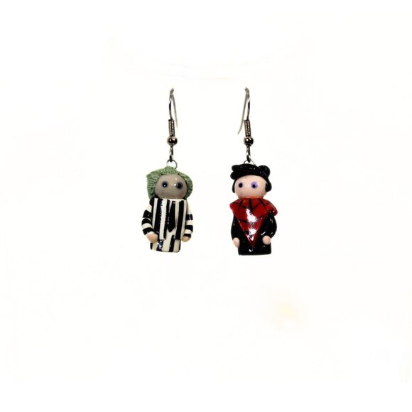 Beetlejuice & Lydia Lego Earrings – Handmade – Halloween/Goth Vibes - Picture 1 of 4